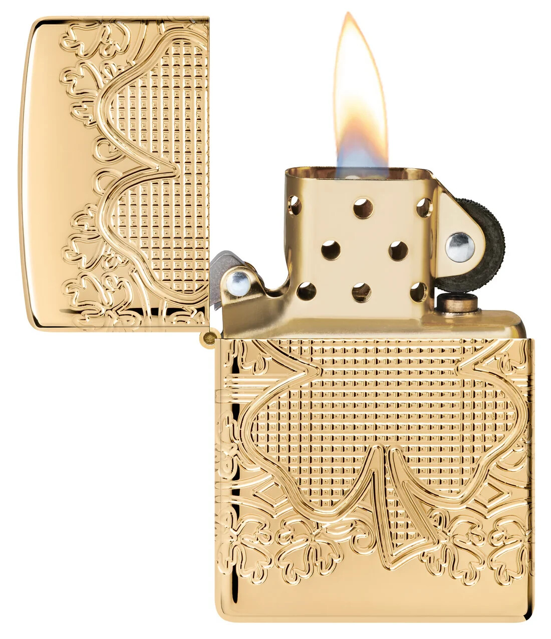 Zippo Armor Lucky Clover Design Multicut Textured High Polish Gold Plate 46301
