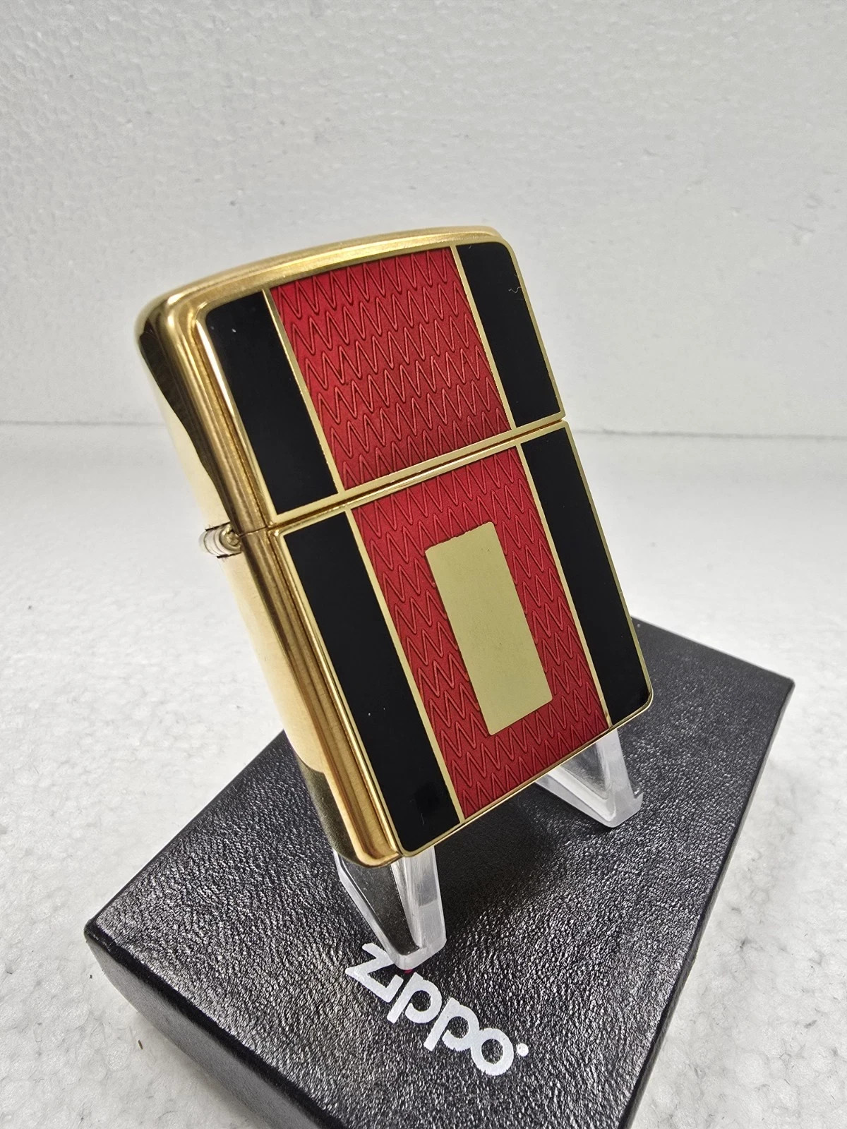 GENUINE Zippo Lighter REGAL RED BLACK PLATE Brushed Brass Finish 2003 NEW IN BOX