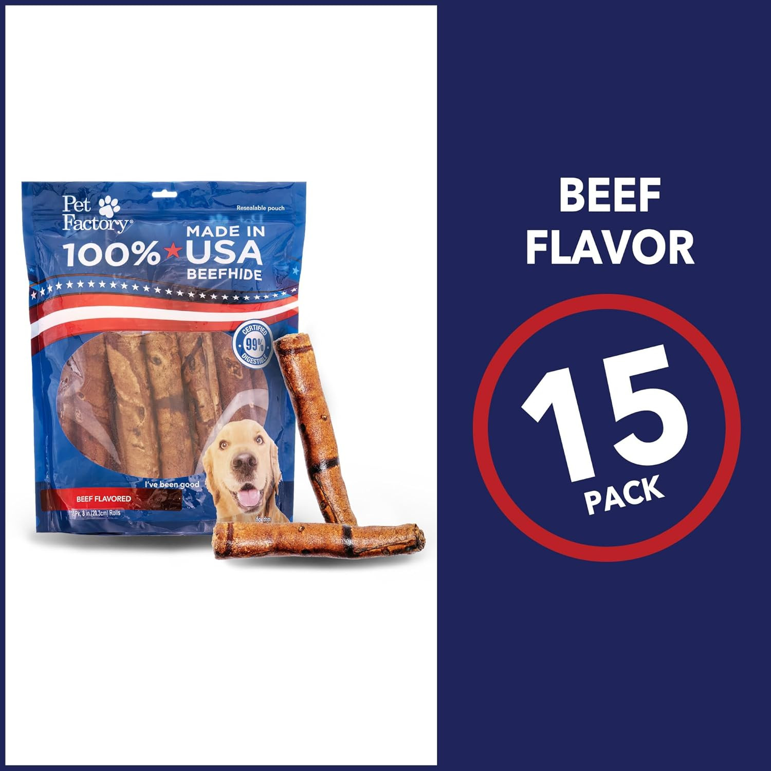 100% Made in USA Beefhide 8″ Rolls Dog Chew Treats – Beef Flavor, 15 Count/1 Pac