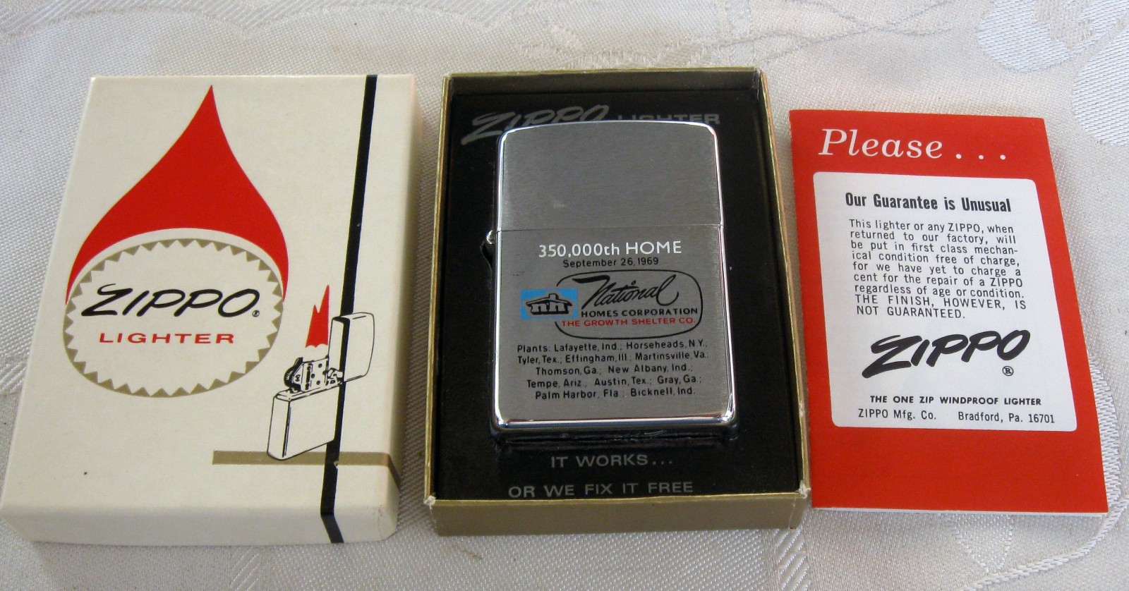 ZIPPO 1969 NATIONAL HOMES 350,000TH DOUBLE SIDED LIGHTER UNFIRED IN BOX
