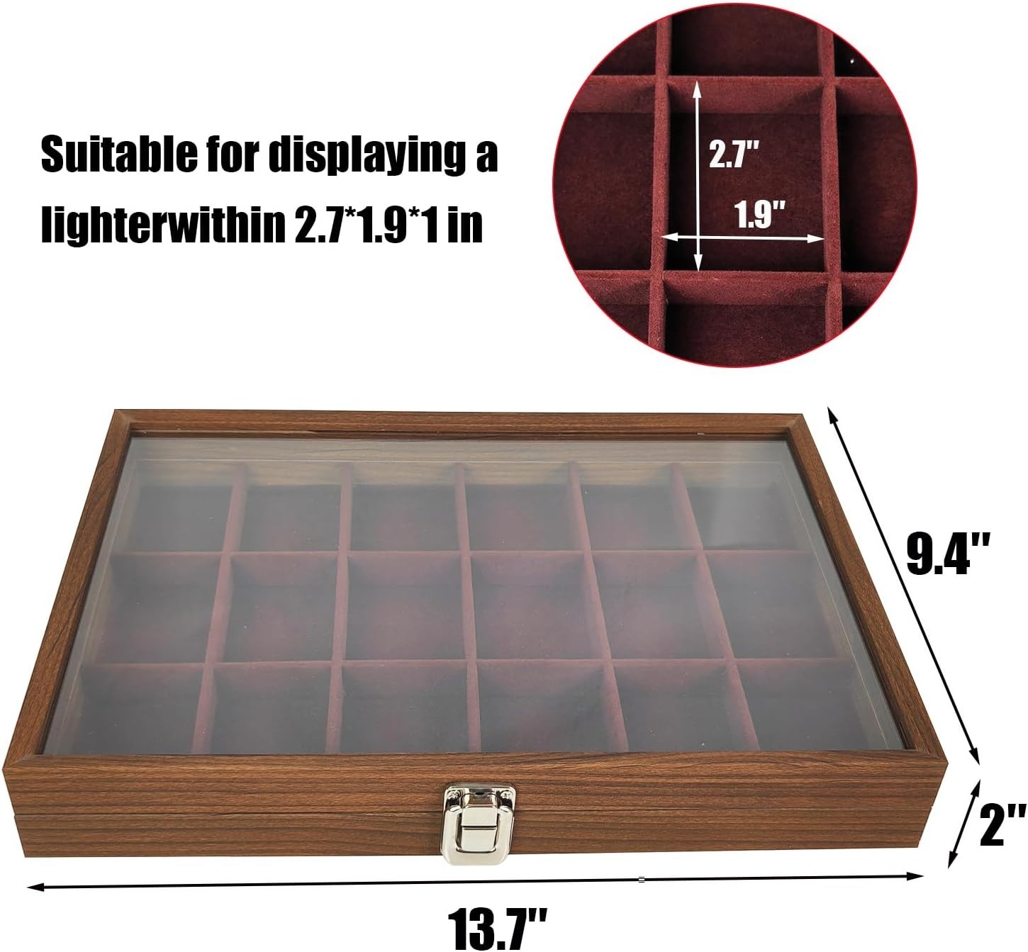Zippo Lighter Display Case, Zippo Lighter Case With Glass Top&Lock, 18 Capacity