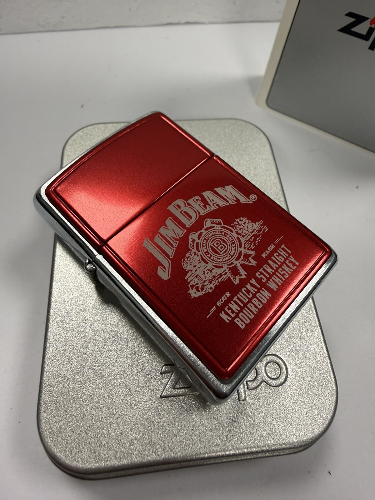 GENUINE Zippo Lighter JIM BEAM BOURBON WHISKEY Red Anodized Plate 2002 NEW
