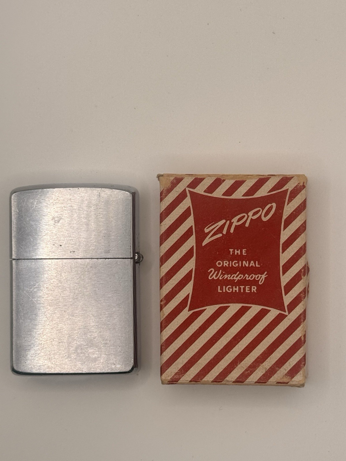 1950’s Zippo Lighter patent 2517191 With Candy Stripe Box.