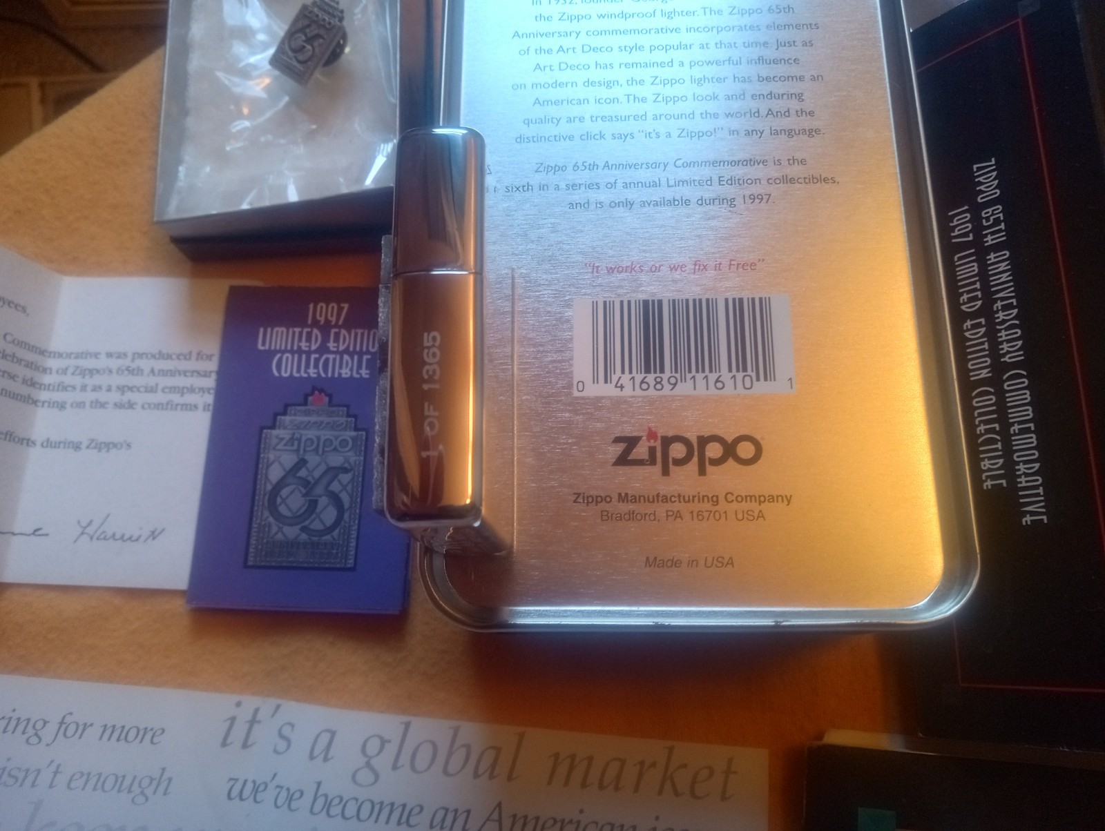 Zippo Employee Issued 1997 65th Anniversary Lighter.Tie Tac/2 Catalogs