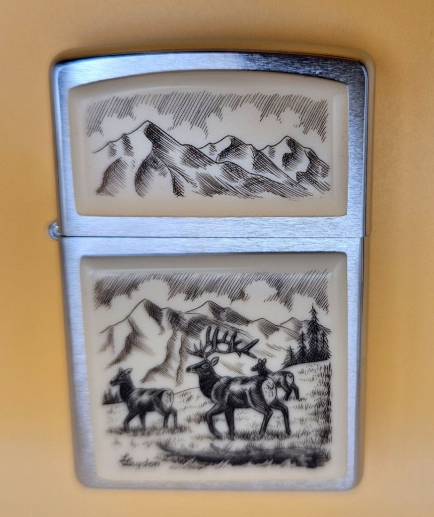 Zippo Lighter 2007 Linda Layden Scrimshaw, Elk on Alpine Meadow Rocky Mountains