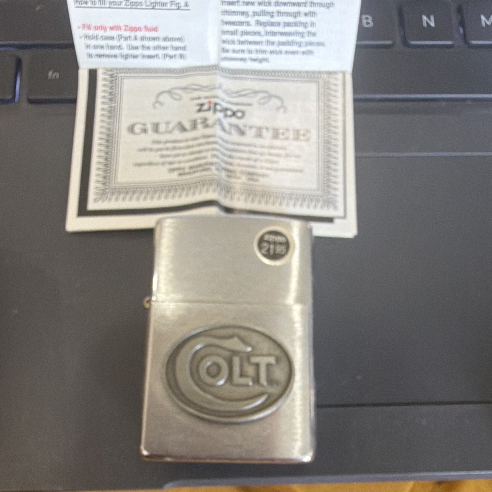 Zippo 2195 Colt Logo Emblem Brushed Chrome Lighter w/ Box & Guarantee Insert