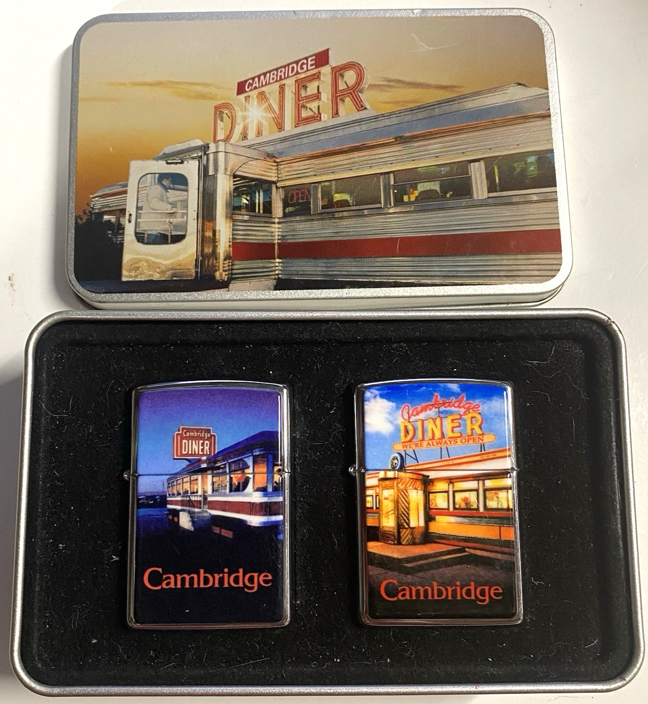 Vintage Zippo Lighter Set 2 Pack Cambridge Diner Retro Collectible Tin Unfired