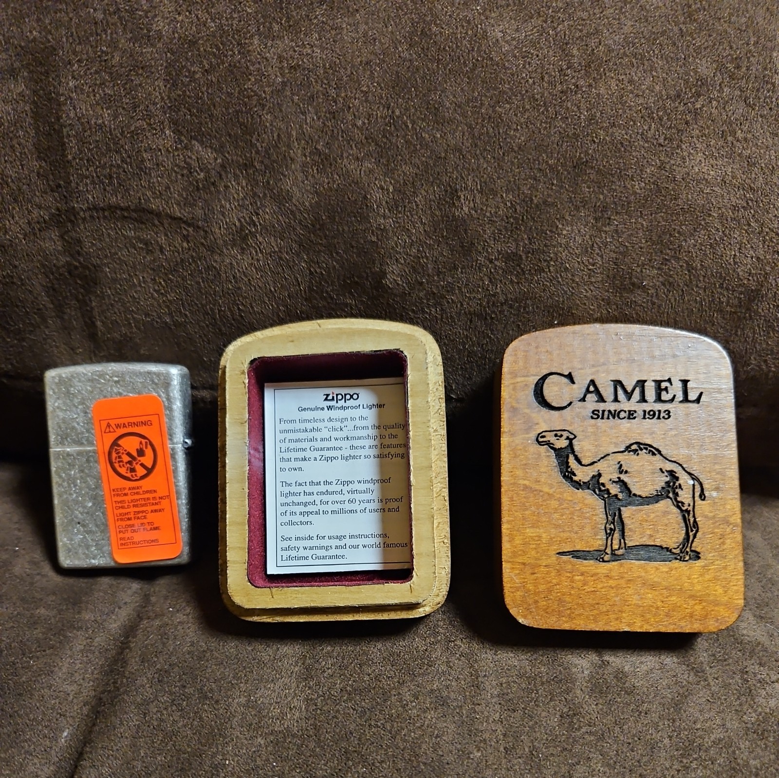 1998 Zippo Lighter Camel Antique Silverplate Finish Sticker Sealed In Wood Case