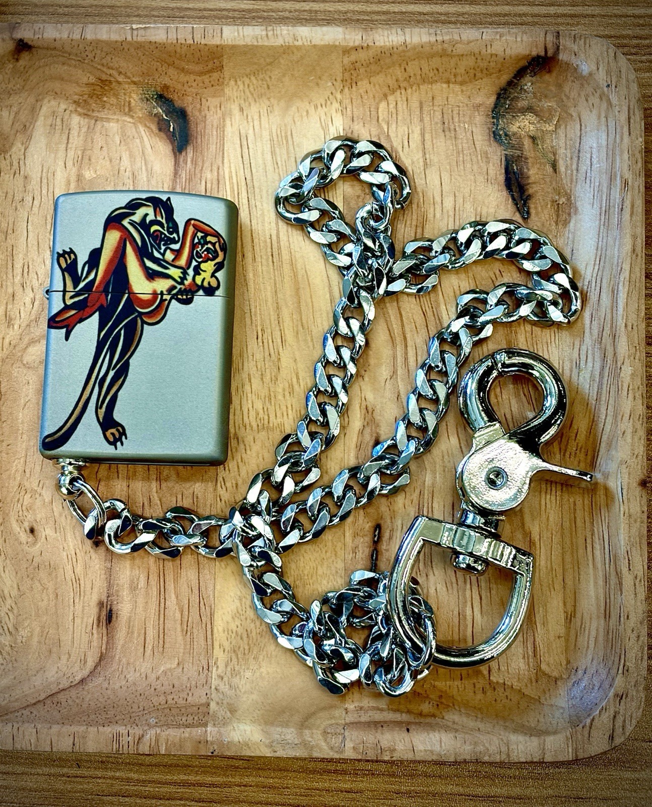 Silver Panther Zippo Lighter With Stainless Steel Chain