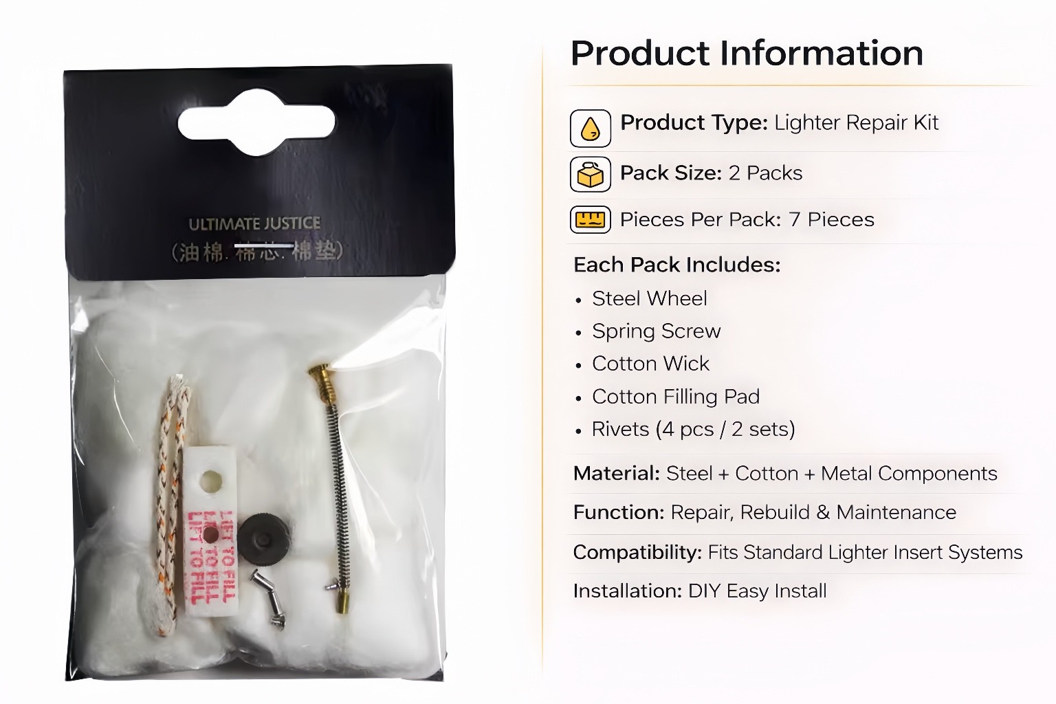 2-Pack Lighter Repair Set 7PCS Each Cotton Wheel Spring Rivet Wick For ZIPPO