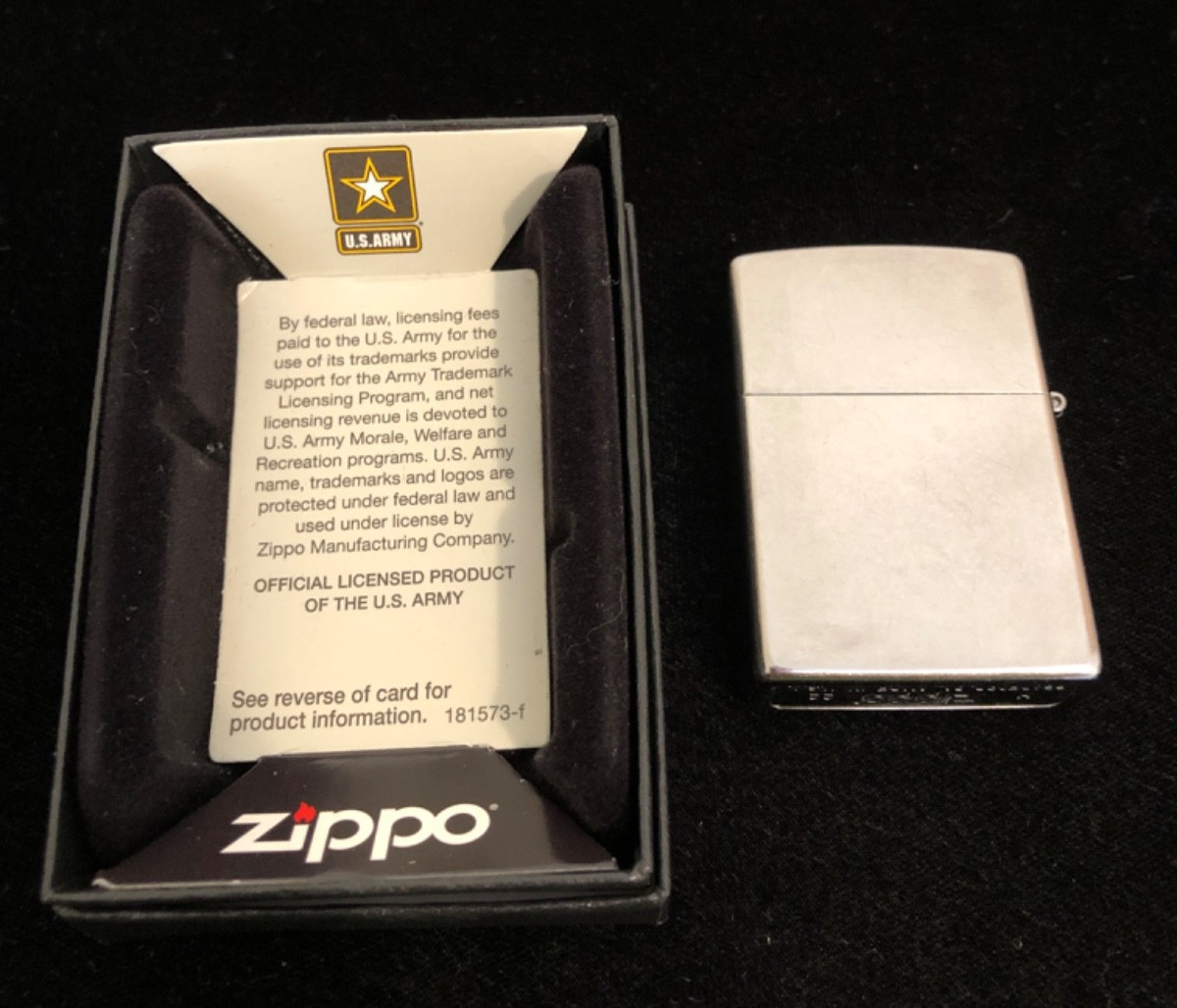 Zippo Lighter, 49315 U. S. Army, Flag with Eagle & 1775, Extra wick & flints