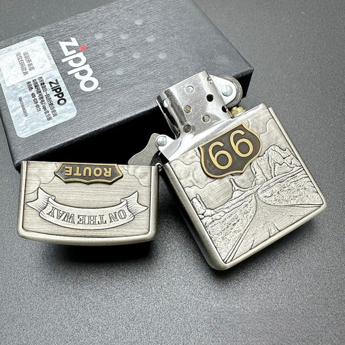 Zippo Route 66 Lighter Smoked Silver Armor Relief On the Way Collectible