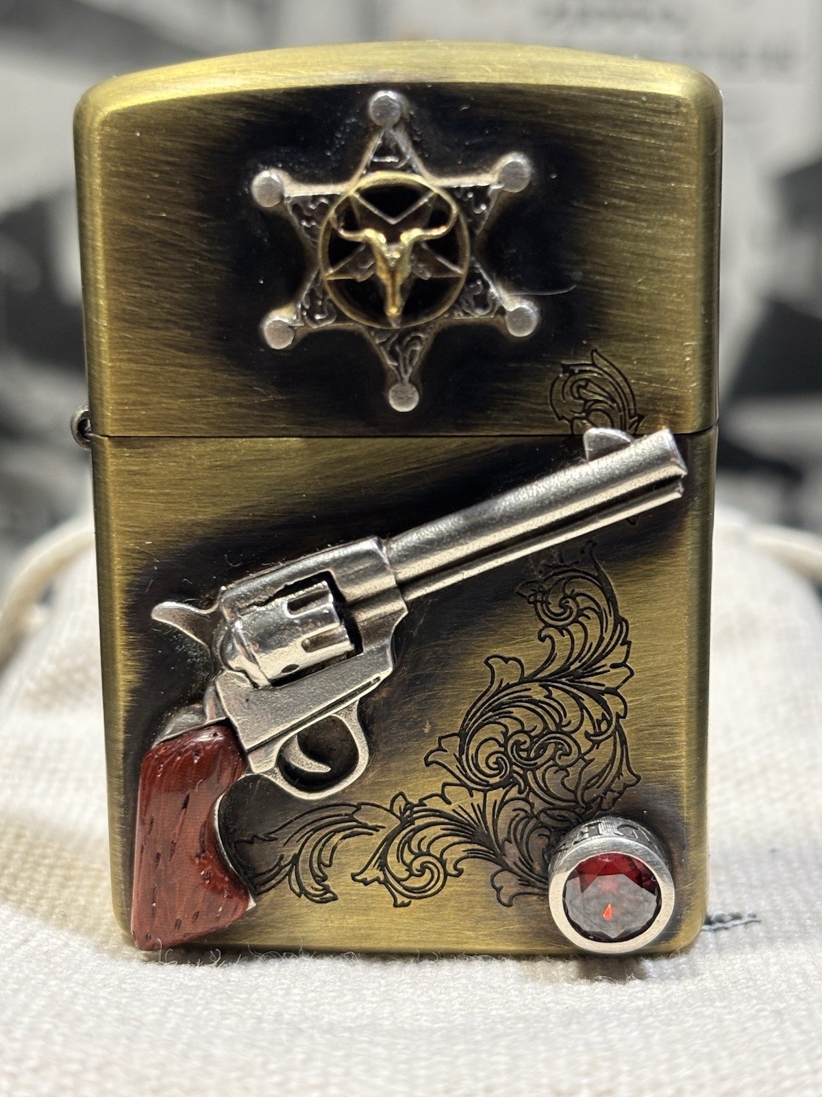 RARE Handmade. Heavy Sterling stamp Western Cowboy Zippo 2-side velvet Box