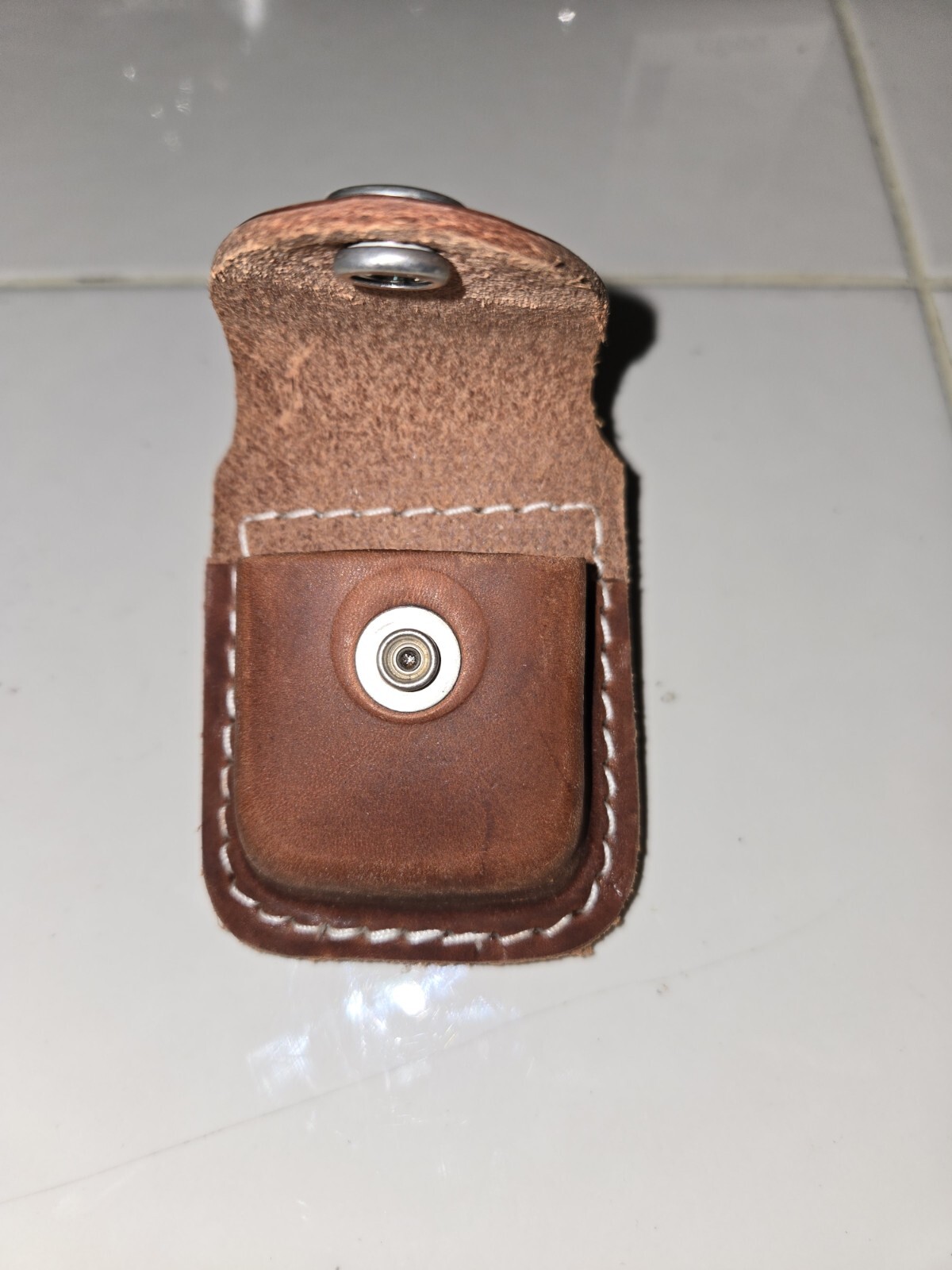 Brown Leather Zippo Pouch. Button Close