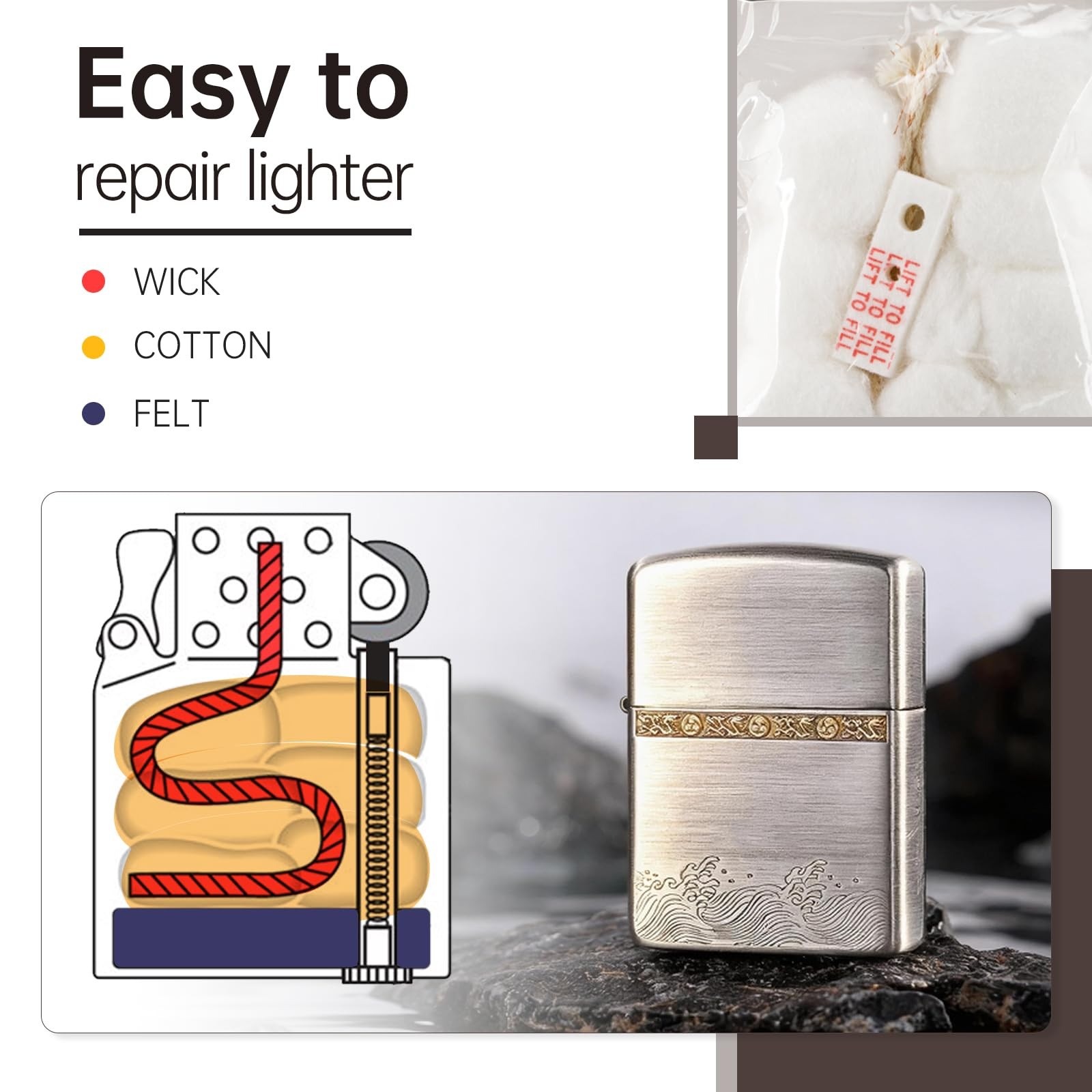 Cotton Compatible with Zippo Lighter,2 Pack,Replacement Parts Standard, White
