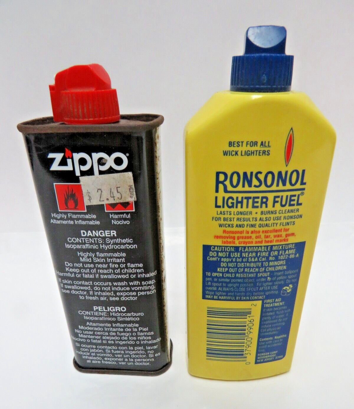 Lot of 2 Lighter Fluid Vintage Tins Zippo 4 fl. oz & Ronsonal 5fl. oz Used