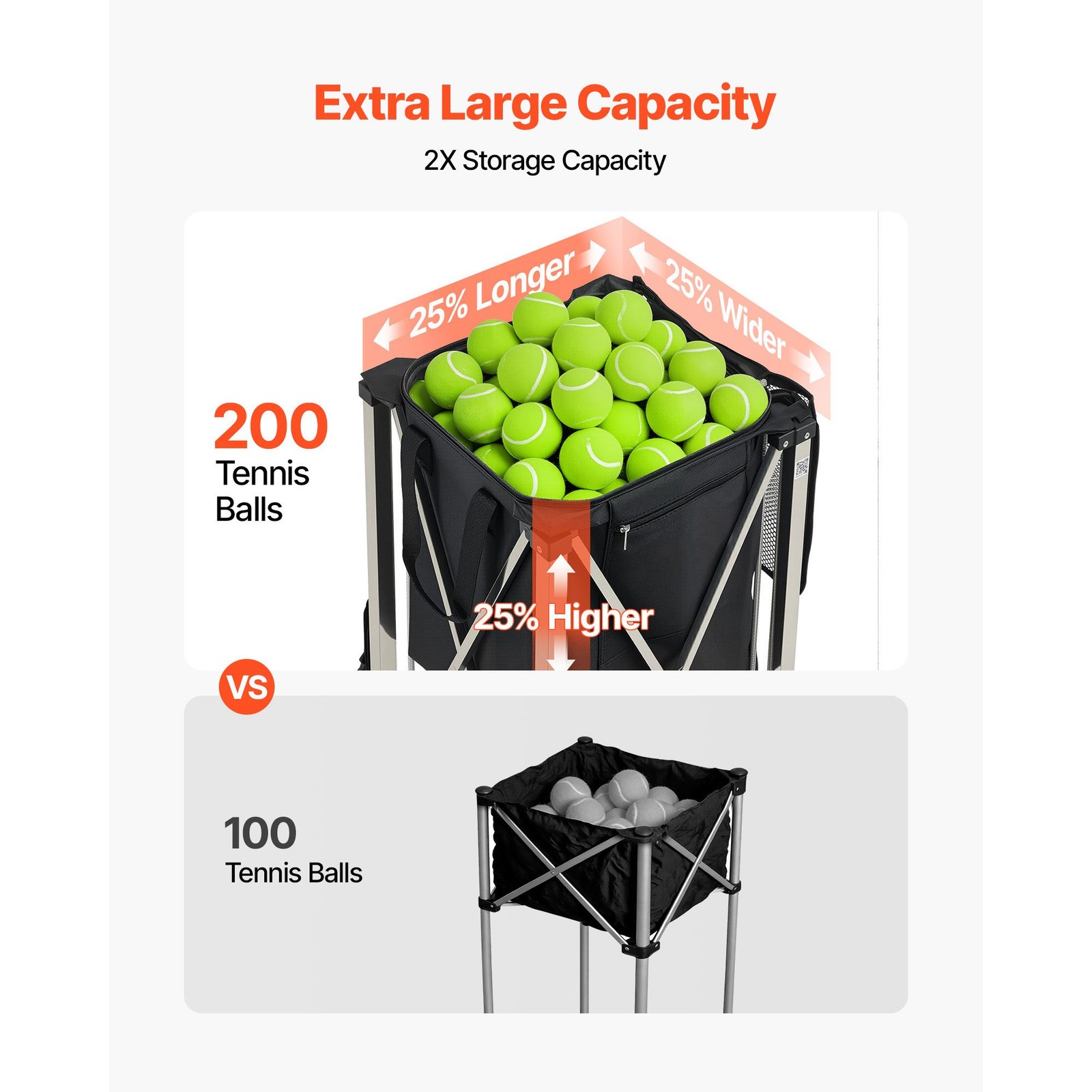 Foldable tennis ball hopper holds 200 balls with wheels and storage bag