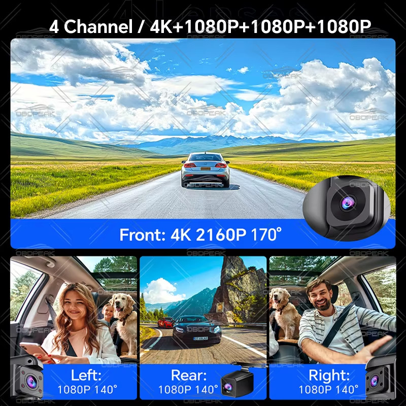 4CH 11 Inch 4K+1K+1K+1K Rearview Mirror 360° Dash Cam ADAS BSD WiFi Night Vision