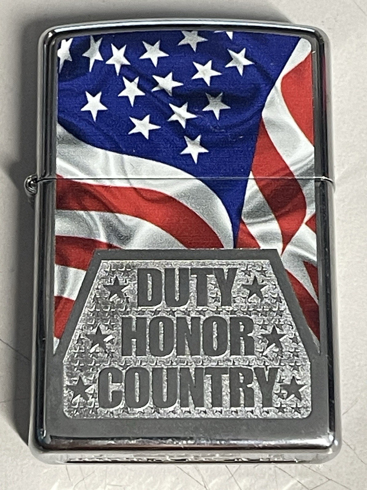 ZIPPO 2012 AMERICAN FLAG DUTY HONOR COUNTRY CHROME LIGHTER UNFIRED IN BOX A398
