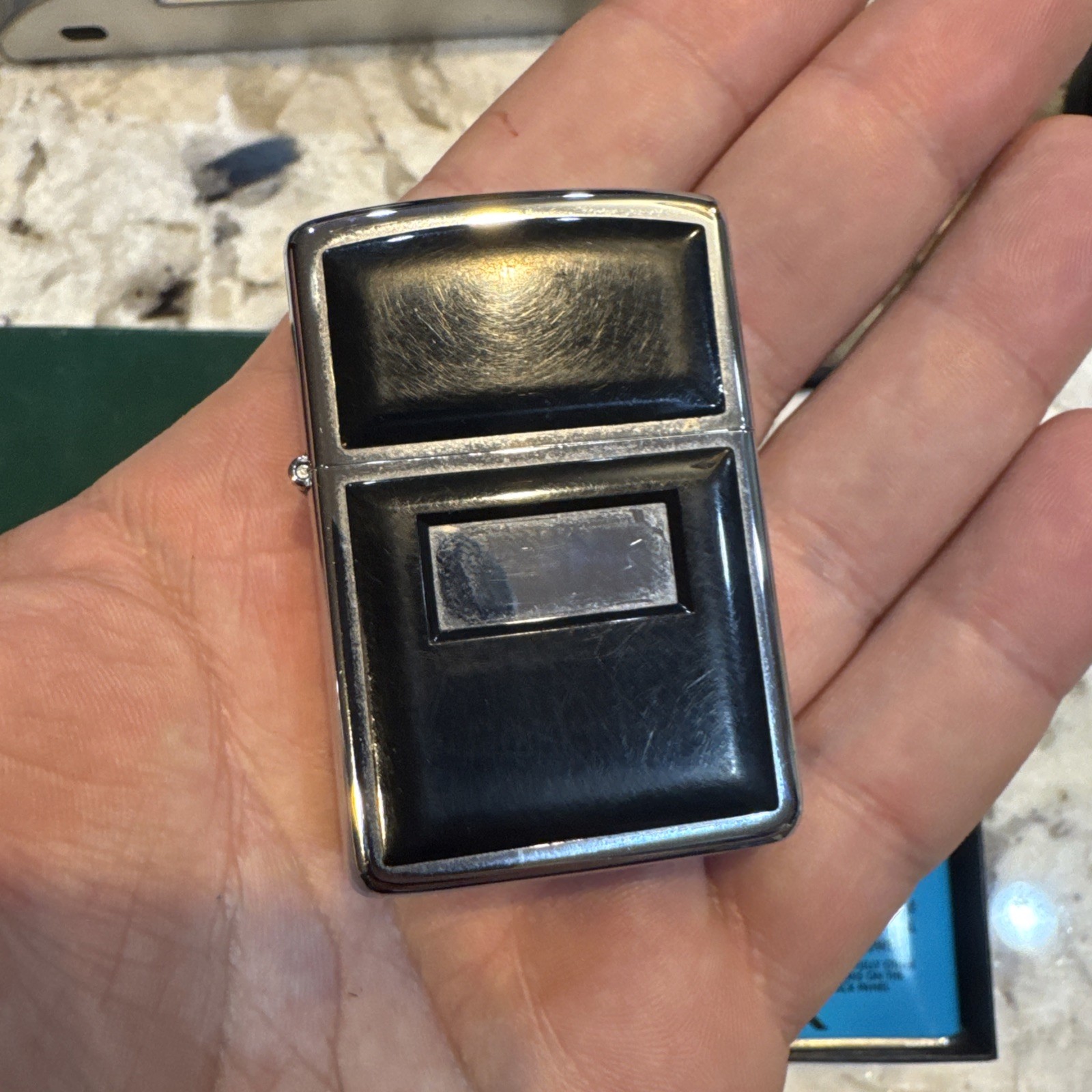 Vintage Ultralite Zippo 1988 Black Chrome Lighter w Flint & Fluid Gift Set