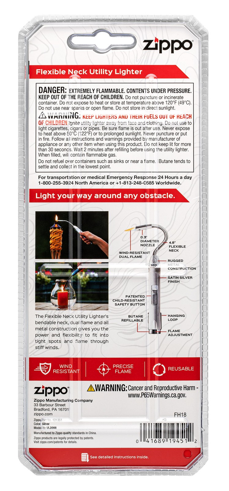 Zippo Unfilled Silver Flex Neck Utility Lighter, 121351 (Adjustable Flame)