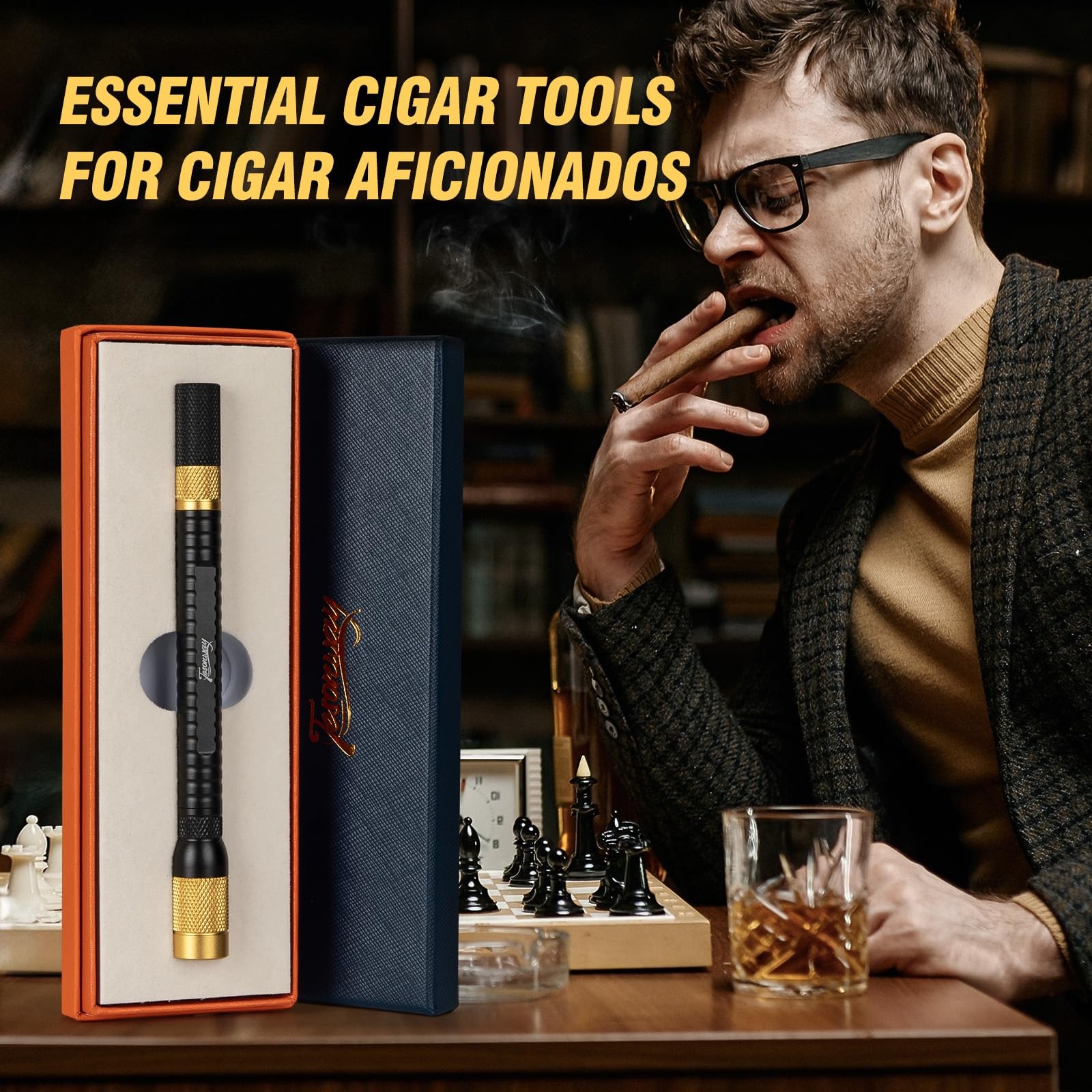 Tesonway 4-in-1 Cigar Draw Enhancer Tool Kit with Cigar Punch Tool, Twin Nubber,