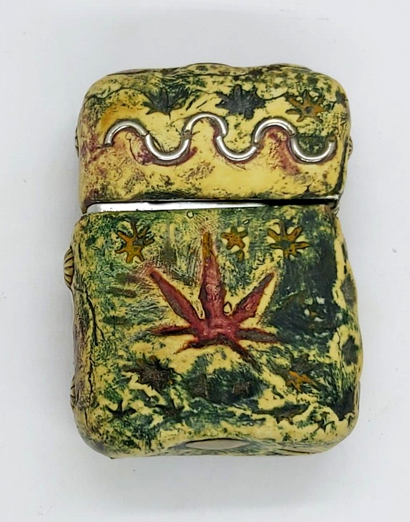 Ancient African Zippo Lighter With Bone Case Decorated Enamel Brass & Seashell