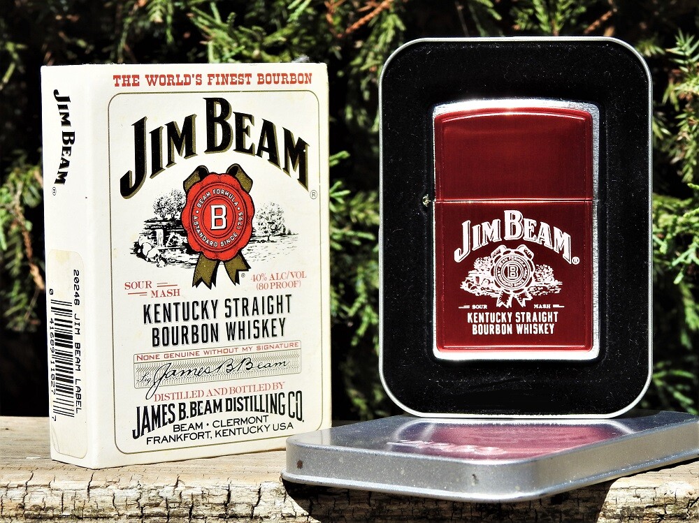 Jim Beam Label Zippo Lighter – Red Anodized – Kentucky Straight Bourbon Whiskey