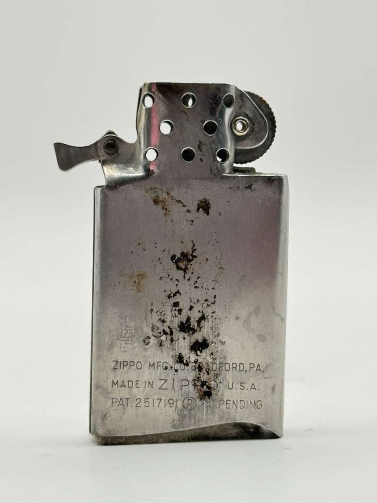 Vintage 1957 Zippo Slim Chrome Fleur De Lis Etched Pocket Lighter Pat Pending US