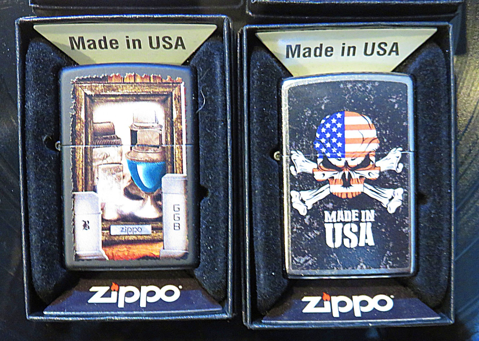 ZIPPO LOT OF 4 LIGHTERS UNFIRED IN BOX ZIPPO HQ, TABLE LIGHT, ROTC , SKULL BONES
