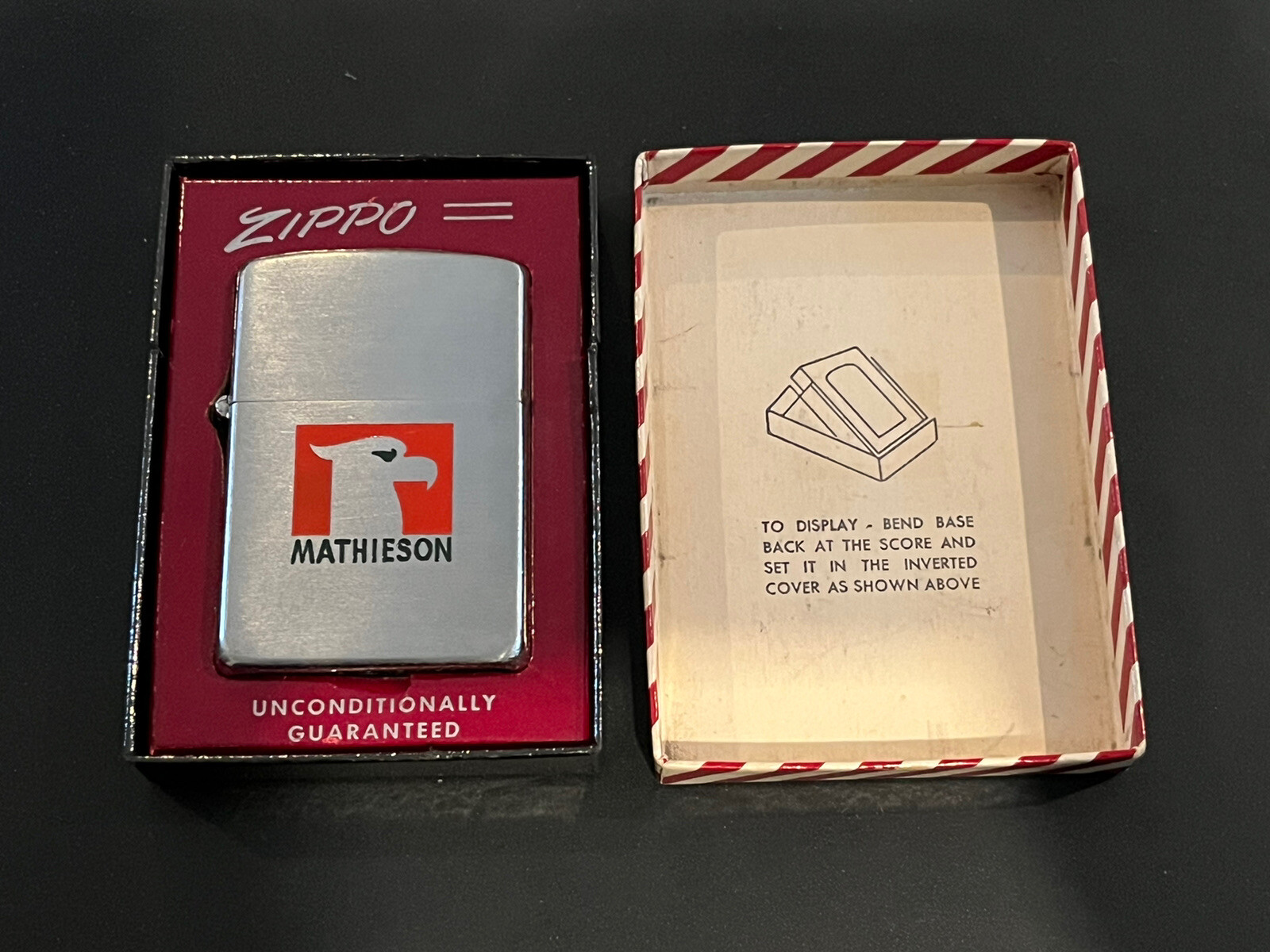 NOS Zippo Vintage 1953-1954 Mathieson Logo Pat. 2517191 & Pat. Pend Candy Stripe