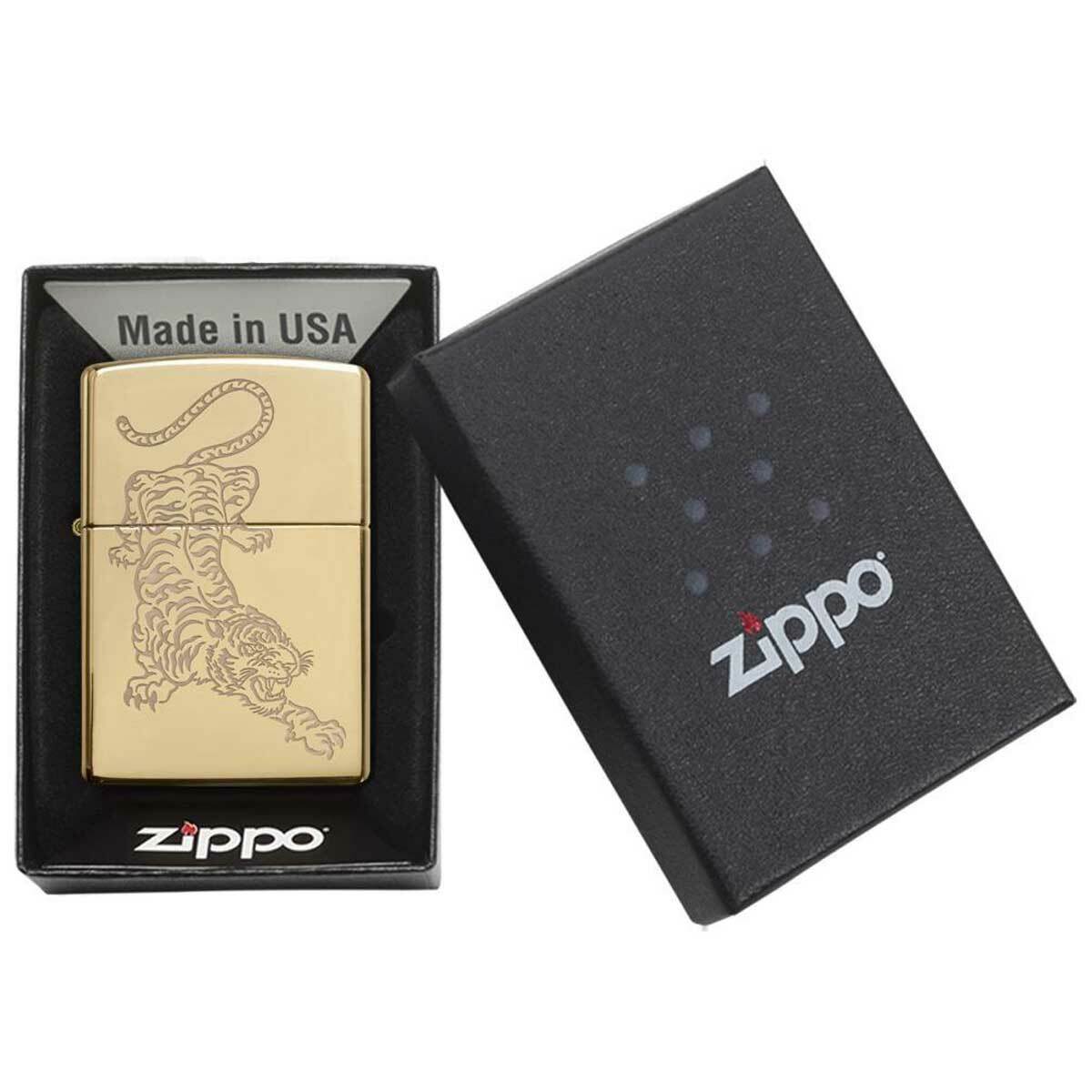 Zippo Windproof Lighter Tiger Design Gold High Polish Brass 29884