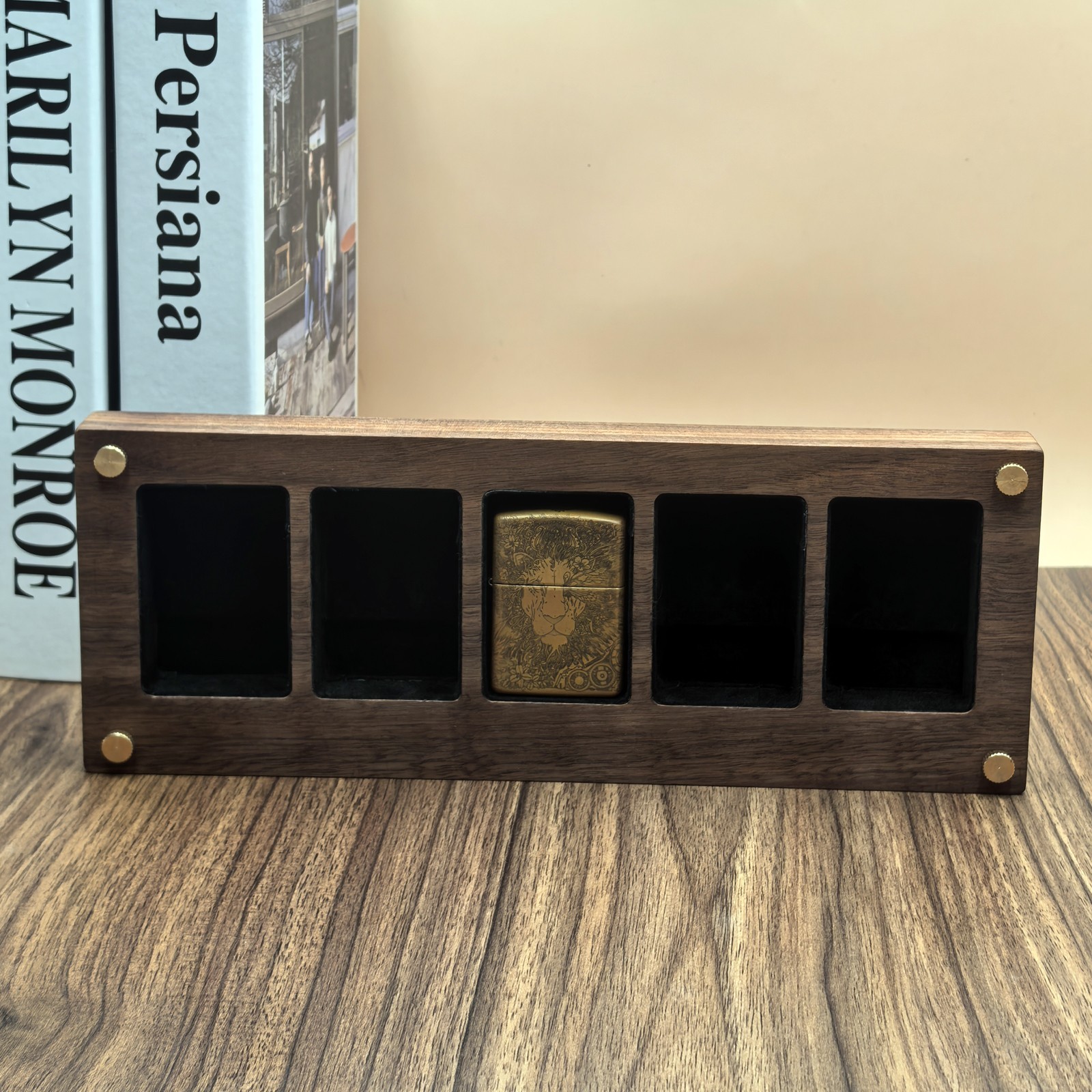 5 Slot Black Walnut Lighter Collection Display Case – For Zippo Lighters