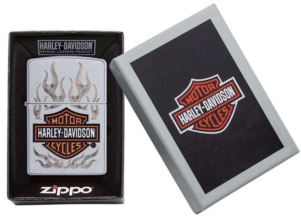 Zippo Harley Davidson Satin Chrome Lighter With Logo & Flames, 29904, New In Box