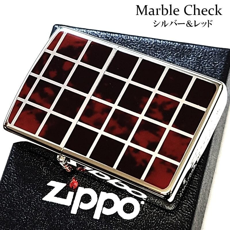 Zippo Check Pattern Silver Red Marble Lacquer Finish Regular Lighter Japan