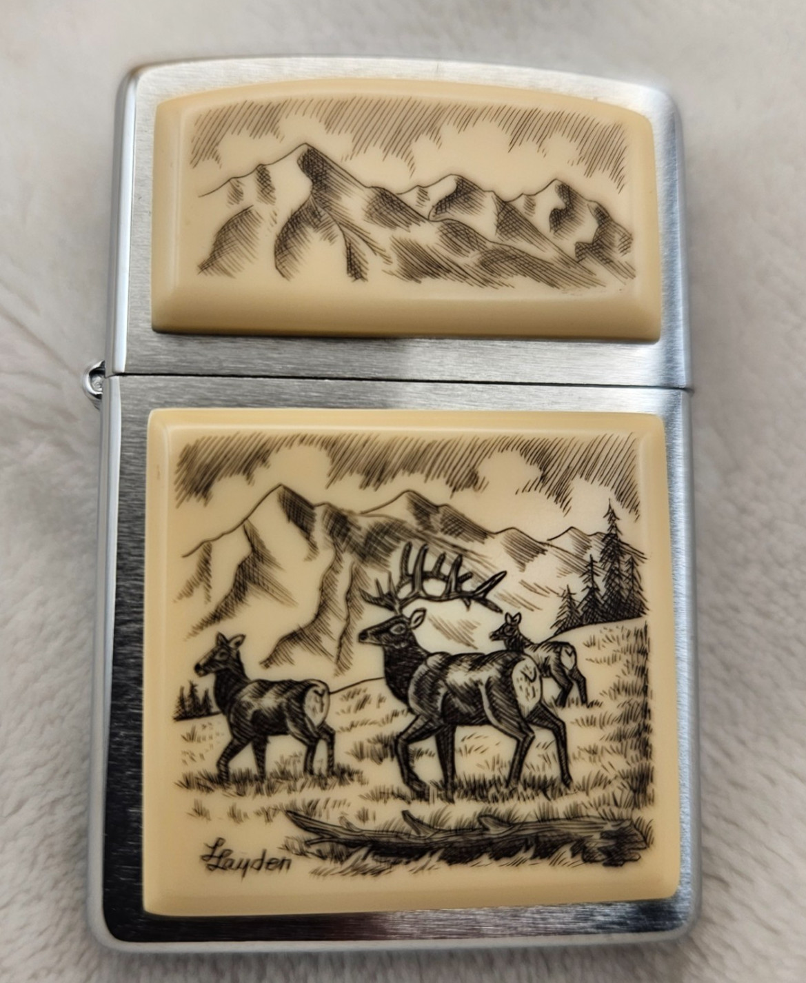 Zippo Lighter 2007 Linda Layden Scrimshaw, Elk on Alpine Meadow Rocky Mountains