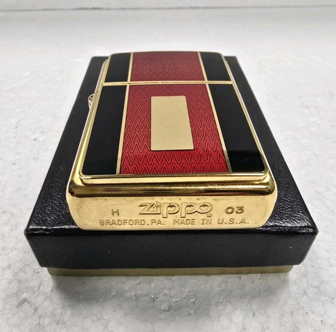 GENUINE Zippo Lighter REGAL RED BLACK PLATE Brushed Brass Finish 2003 NEW IN BOX