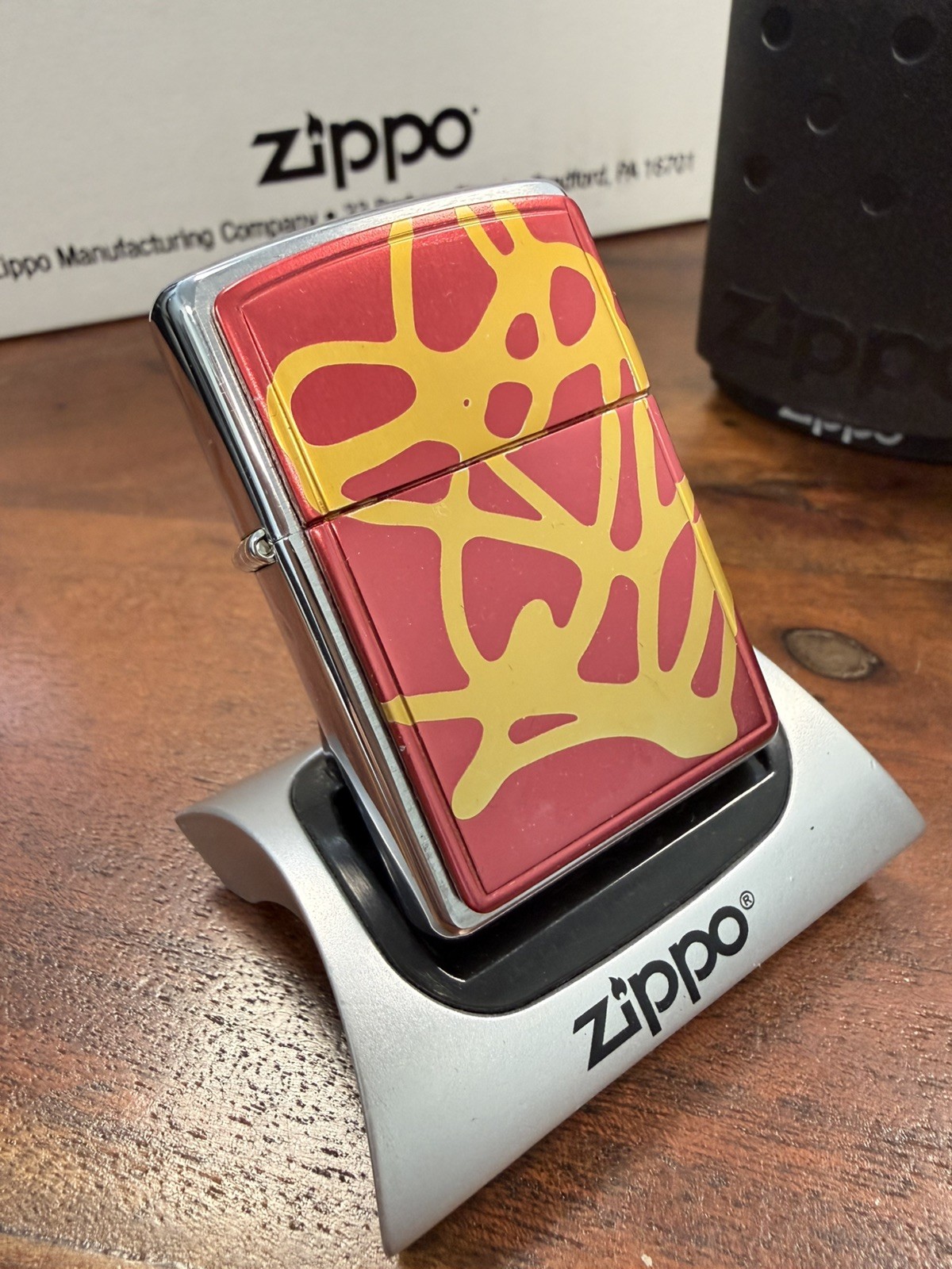 GENUINE Zippo Lighter YELLOW STRING PAINT RED ANODIZED Brushed Chrome 2002 NEW