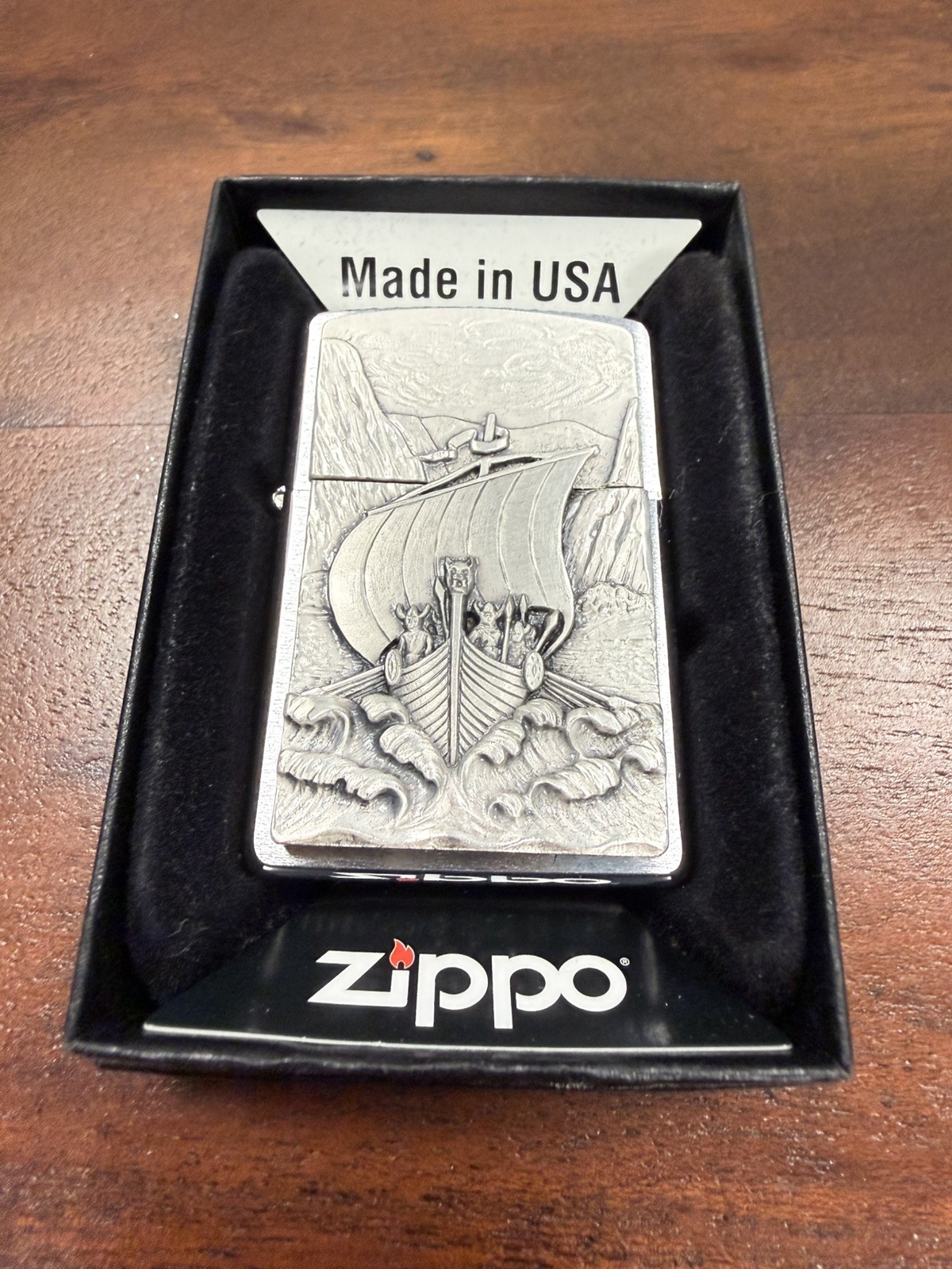 GENUINE Zippo Lighter VIKING SERIES SHIP FJORD Brushed Chrome 2007 NEW IN BOX
