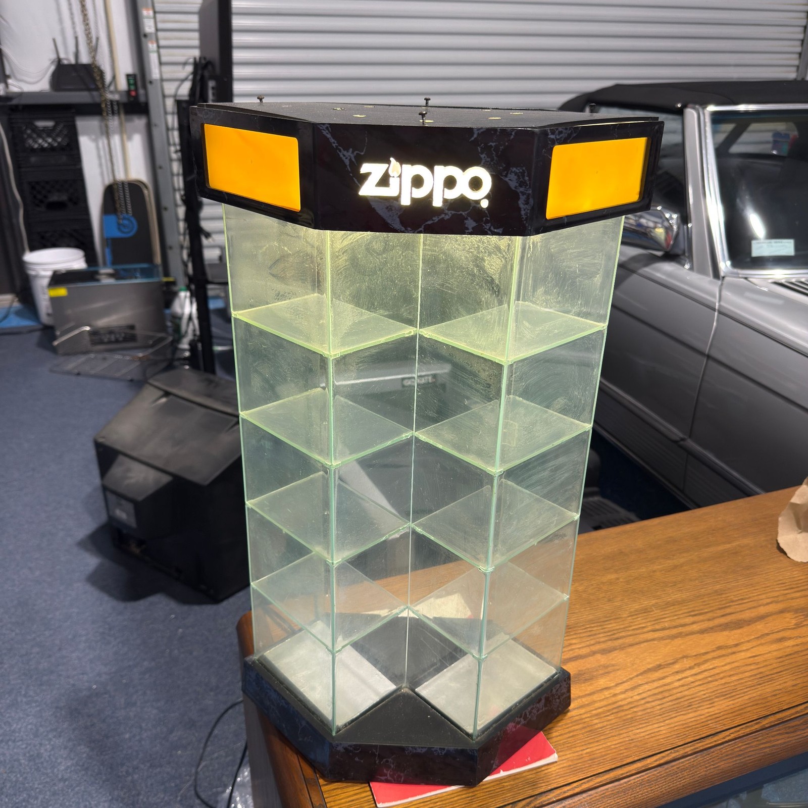 Zippo Lighted Countertop Display Case Glass Shelves Rotating Hexagonal Vintage