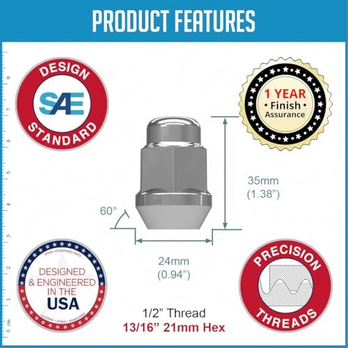 20 Pcs Thread Bulge Acorn 35mm 1.38″ Long Lug 1/2″-20 Chrome 13/16″ Hex Bulge