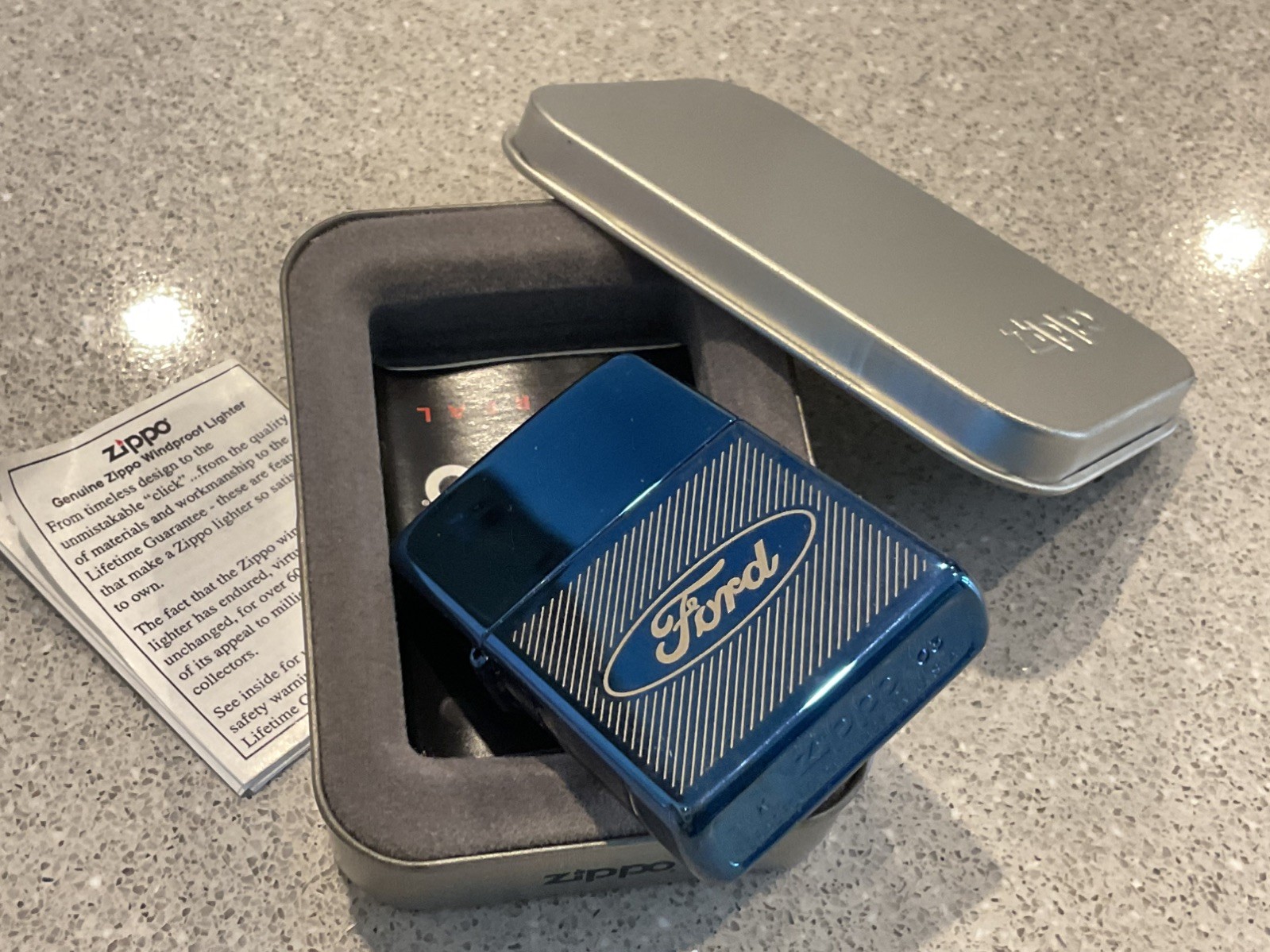 Genuine Brand New 2003 ZIPPO Lighter Unusual FROSTED FORD LOGO Blue Chrome Case