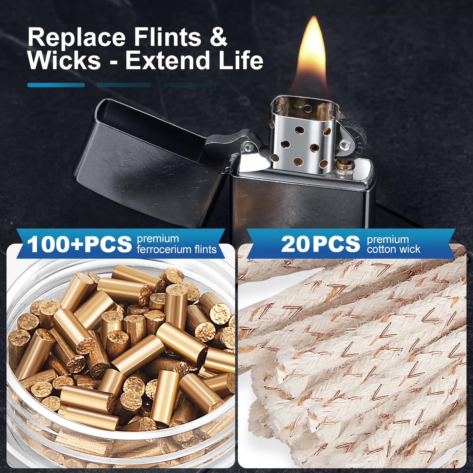 Lighter Flints 100+ Pcs and Cotton 0.9×2IN Flint 4.3IN Wicks, Gold