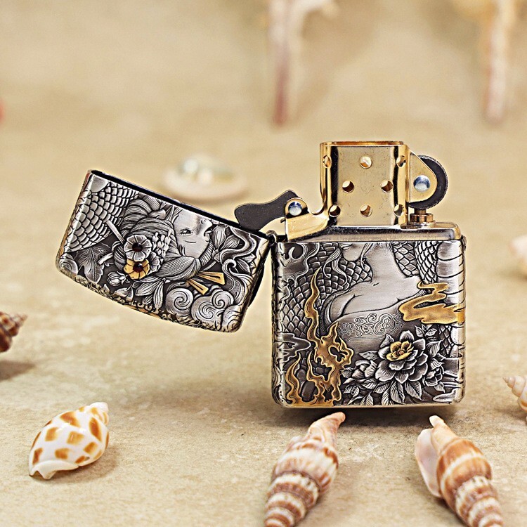 Zippo Armor Custom Lighter Snake & Princess – Smoked Silver Surround Carved