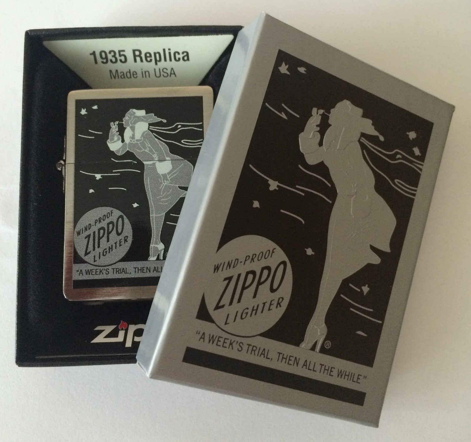 Zippo Windproof Replica 1935 Lighter With Black & Gray Windy, New In Box