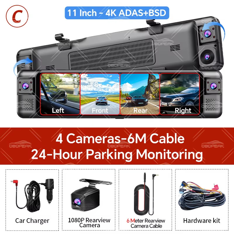 4CH 11 Inch 4K+1K+1K+1K Rearview Mirror 360° Dash Cam ADAS BSD WiFi Night Vision