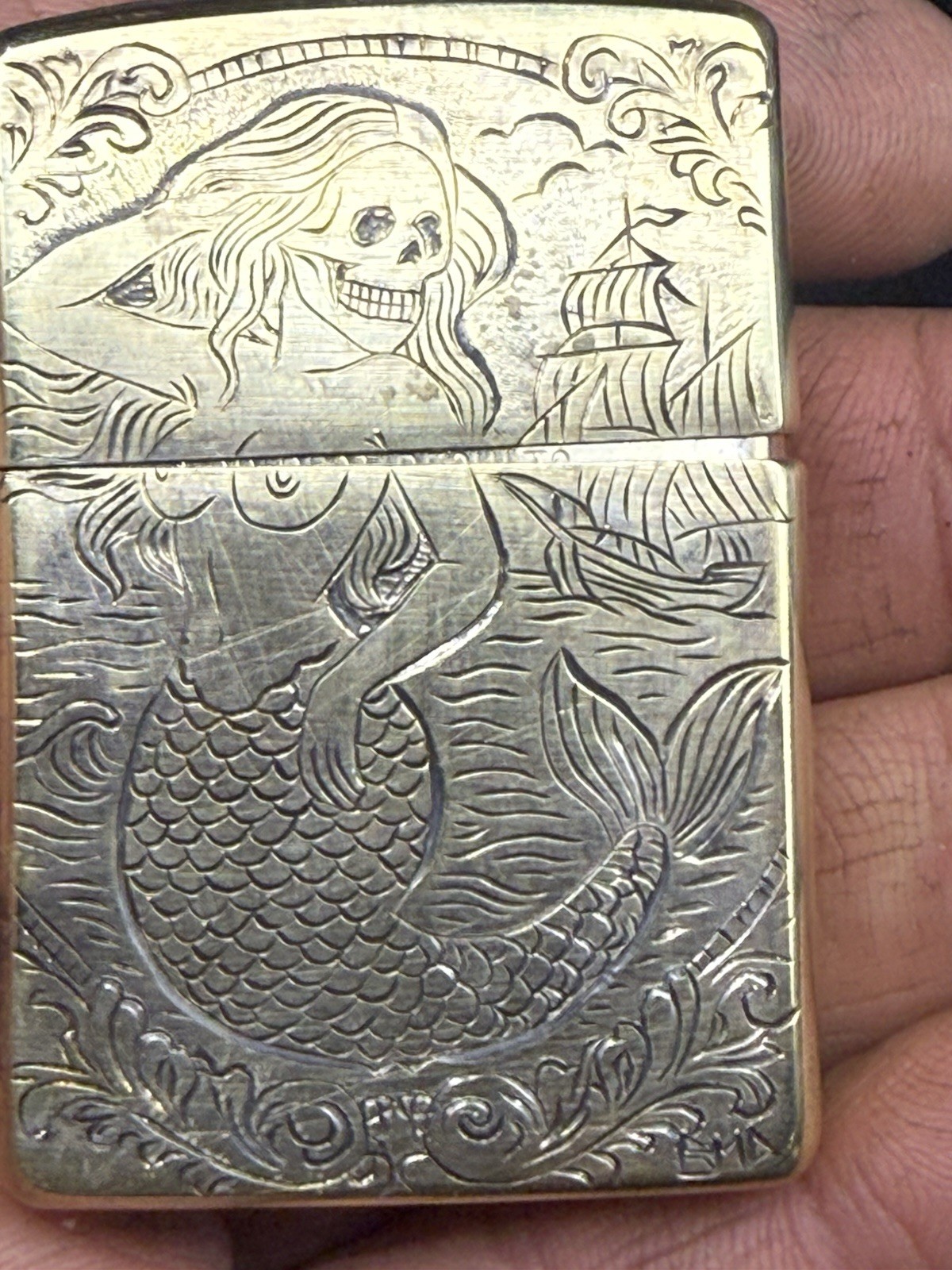 Hand Engraved Skeleton Mermaid Zippo – Solid Brass – One of a Kind