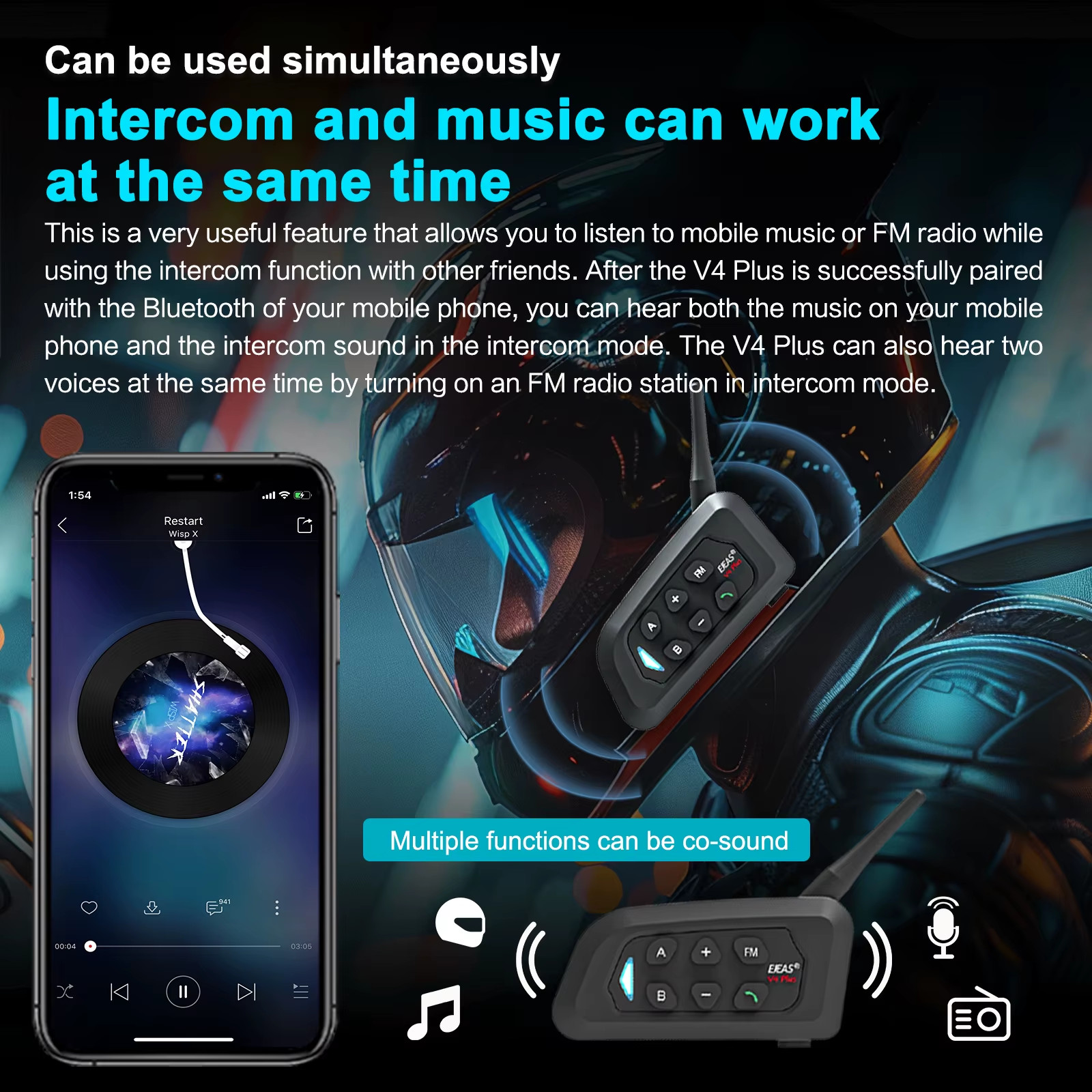 V4 PLUS Helmet Bluetooth Headset Intercom 2-4 Riders 1500M Full Duplex Intercomu