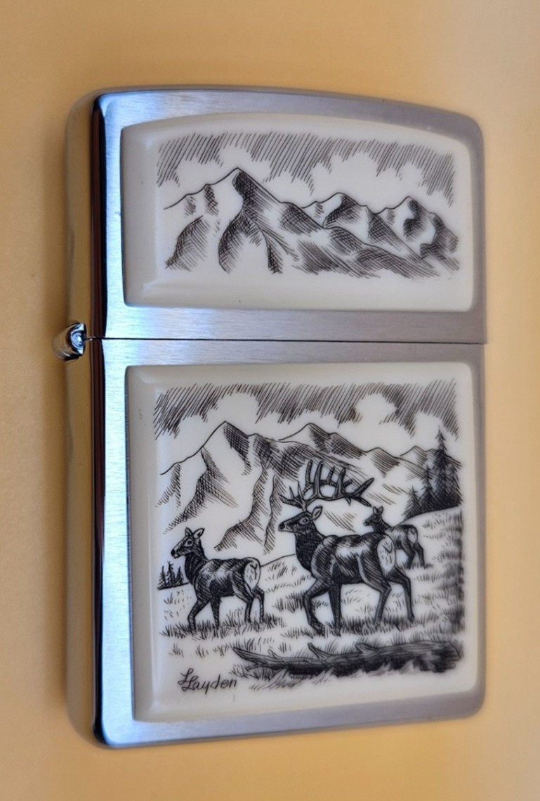 Zippo Lighter 2007 Linda Layden Scrimshaw, Elk on Alpine Meadow Rocky Mountains