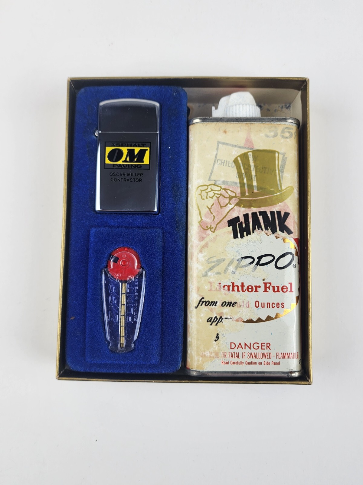 Vintage 1975 Zippo Slim Gift Set Unfired OM Asphalt Paving Flints & Fluid Box
